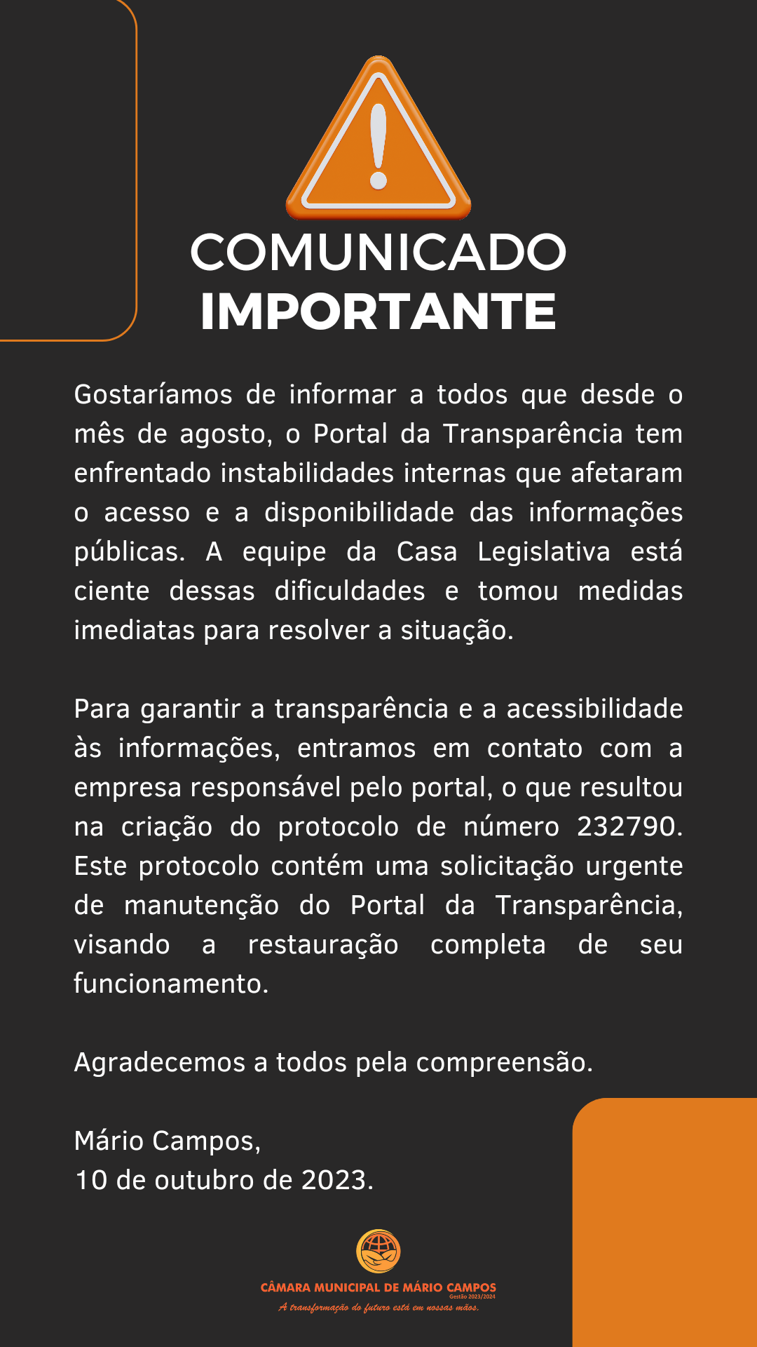 Instabilidades no Portal da Transparência - Câmara Municipal de Mário Campos